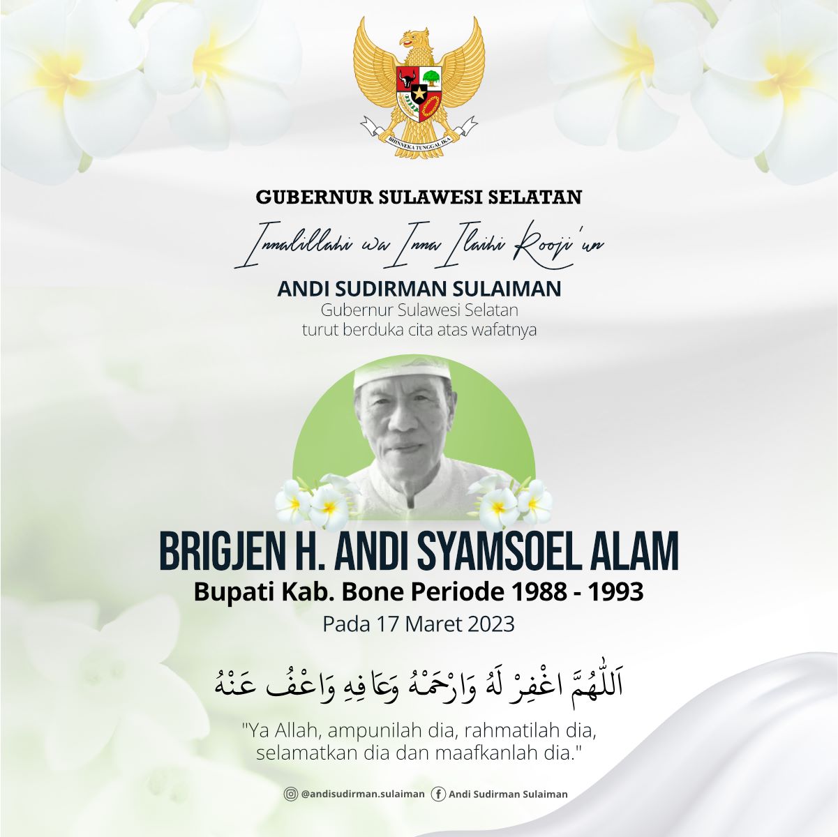 Andi Sudirman Sampaikan Duka Cita Atas Meninggalnya Mantan Bupati Bone Andi Sjamsoel Alam